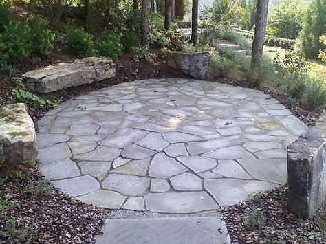 Patio Over Concrete, Flagstone Backyard, Flagstone Landscaping, Flagstone Patio Design, Front Yard Patio, Stone Patio, Flagstone Patio, Concrete Fire Pits, Fire Pit Area