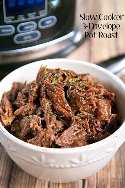 Slow Cooker 3-Envelope Pot Roast 3 Envelope Pot Roast, Beef Roast Crock Pot, Crockpot Roast Recipes, Pot Roast Recipe, Slow Cooker Roast, Pot Roast Slow Cooker, Plain Chicken, Brown Gravy, Roast Recipe