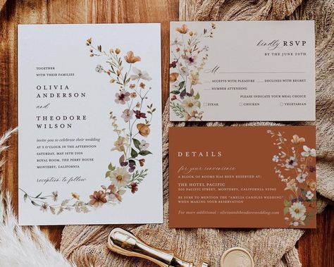 Terracotta Wedding Invitation Template Set, Boho Wildflower Wedding Invite Suite, Modern Elegant Floral Burnt Orange Details, RSVP, Download Boho Wildflower Wedding, Graphic Wedding Invitations, Terracotta Wedding Invitation, Wedding Invite Suite, Wedding Ceremony Invitations, Orange Wedding Invitations, Boho Wildflower, Evening Dresses Wedding, Orange Details