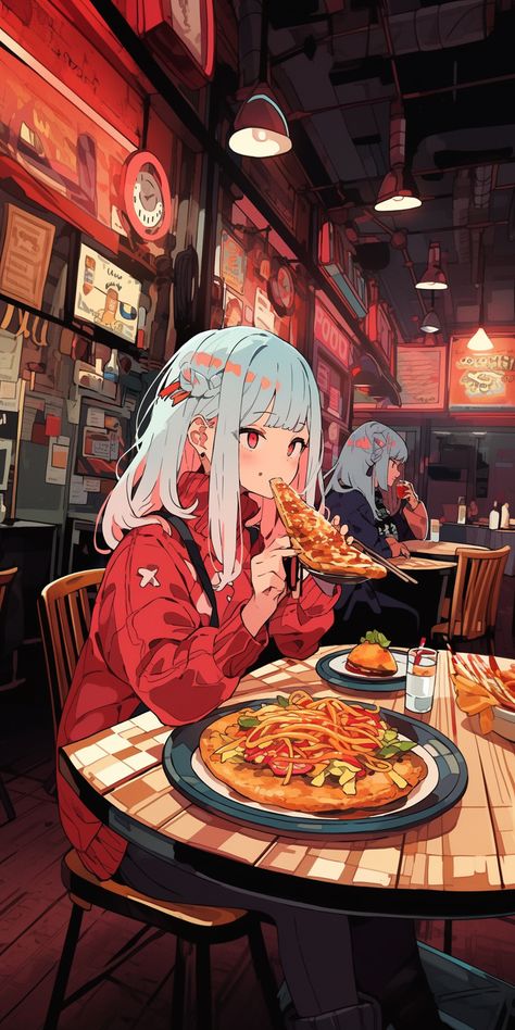 Anime Pizza, Vampire Drawings, Girl Eating, Illustration Kunst, Aesthetic Goth, Poster Decorations, Dark Artwork, Art Hobbies, Anime Food