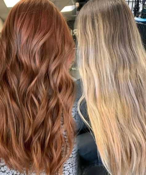 Tea Color Hair, Strawberry Copper Blonde Hair, Blonde To Auburn Hair, Ginger Hair With Brown Shadow Root, Before And After Copper Hair, Blonde Hair To Auburn Hair Before And After, Hair Colours 2024, Blonde Auburn Hair, Blond To Auburn Hair Before And After