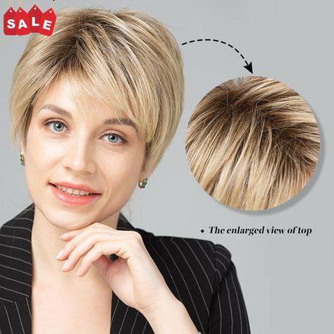 Fashion & Natural Pixie Cut Short Wiglets for Women Over 40 Grey Hair Topper, Platinum Blonde Ombre, Short Hair Fringe, Women Pixie Cut, Hair For Women, Natural Wavy Hair, Hair Topper, Pixie Cut Wig, Hair Cover