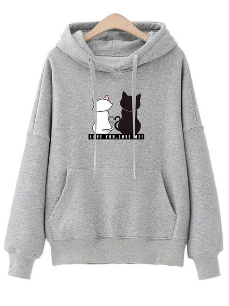 Hoodies For Girls, Cat Tee Shirts, Harajuku Hoodie, Estilo Harajuku, Straight Clothes, Women Sweatshirt, Women Hoodies, Cat Hoodie, Ladies Top