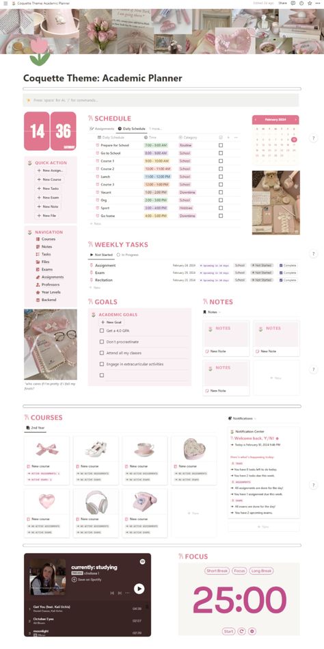 Coquette Themed Academic Planner Notion Template Organisation Ideas School, To Do List Website Design, How To Use A Planner For School, Notion Academic Planner, Notion Birthday Template, Notion Theme Ideas, To Do List Website, Xtiles Template, Cute Planner Template