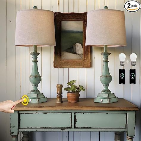 PORTRES 25.75" 3 - Way Dimmable Touch Lamps Set of 2 for Bedroom Rustic Bedside Lamp with USB Ports for Living Room Kids Room Study Room （Green） - Amazon.com Rustic Bedside Lamps, Farmhouse Table Lamp, Retro Side Table, Bedside Lamps With Usb, Styles Of Furniture, Bedroom Retro, Farmhouse Table Lamps, Farmhouse Lamps, Linen Lampshade