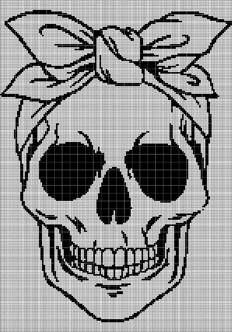 Free Skull Cross Stitch Pattern, Skull Stitch Pattern, Cross Stitch Skull Pattern, Skull Pixel Art, Skull Embroidery Pattern, Skull Cross Stitch Pattern, Skull With Bow, Skull Cross Stitch, Cross Stitch Skull