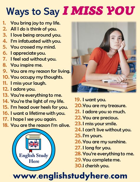 30 Different Ways to Say I Miss You in English - English Study Here Different Ways To Say I Miss You, Ways To Say I Miss You, English Collocations, Teaching English Grammar, English Learning Spoken, Conversational English, English Vocab, English Verbs, Learn English Grammar