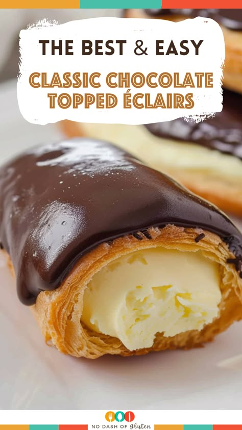 Discover the joy of making Classic Chocolate Topped Éclairs at home! This recipe guides you through creating light choux pastry, filling it with smooth vanilla cream, and topping it with luxurious chocolate icing. Perfect for impressing at any gathering or enjoying a sweet moment to yourself. Pin this recipe now for an elegant dessert that's sure to delight! Eclair Topping Recipe, Easy Chocolate Eclairs Recipe, Eclair Filling Recipe, Choux Pastry Filling, Chocolate Eclair Dessert, Pastry Filling, Gluten Free Holiday Recipes, Chocolate Eclairs, Eclair Recipe