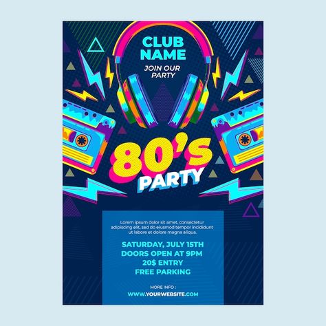 80s Invitation Template Free, 80s Party Invitations, 80s Party Outfits Couples, 90s Party Flyer, Disco Theme Parties, 80s Background, 80s Party Outfits, Photoshop Flyer, 40th Birthday Ideas