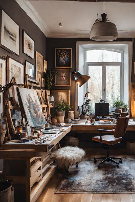 Creative Studio Space Offices, Moody Art Studio, Atelier Aesthetic, Hobby Room Design, Artist Workspace, Art Studio Space, Art Studio Room, Art Studio Design, Ivy House