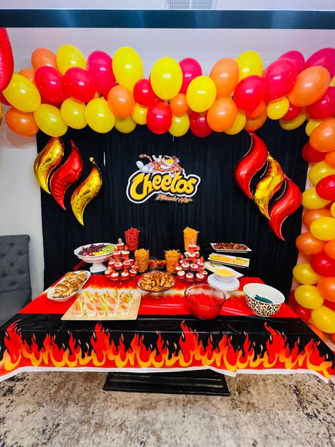 Hot Cheeto Bar Party, Hot Cheetos Birthday Theme, Flaming Hot Cheetos Birthday Party, Hot Cheetos Decorations, Orange Party Theme, Cheetos Flamin Hot, Flamin Hot Cheetos, Alice In Wonderland Props, Morton Salt