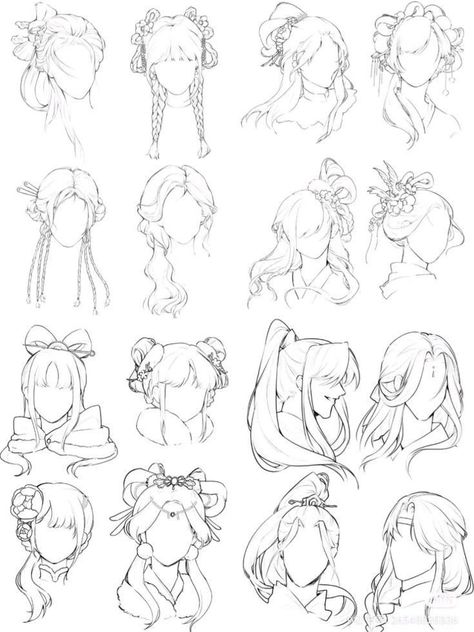 Hairstyle Fantasy Drawing, Royalty Hairstyles Drawing, Bangs Refrences Drawings, Low Pigtail Hairstyles Drawing, Sketched Hairstyles, Cute Drawn Hairstyles, Hair Clips Drawing Reference, Cute Bangs Drawing, Short Female Hairstyles Drawing