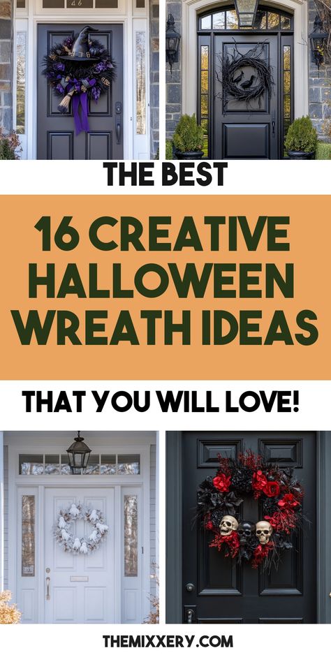 Get ready to embrace the Halloween spirit with these imaginative DIY Halloween wreath concepts designed for your front door. Explore a range of spooky themes such as creepy cobwebs and eerie spiders that will elevate your Halloween decorations. Whether you gravitate towards traditional orange and black designs or lean into a more contemporary vibe with metallic elements, you'll find the perfect Halloween wreath idea here to match your personal style. Halloween Ornament Wreath, Halloween Wreath Ideas, Spooky Halloween Wreath, Spooky Door, Themed Wreaths, Halloween Mantle Decor, Beautiful Entrance, Halloween Door Wreaths, Spooky Wreath