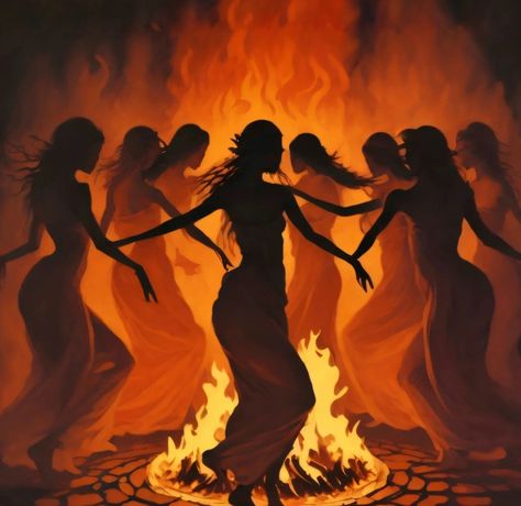 Nymphs dancing around the bonfire. Magical Witches Dancing Around Fire Art, Burning Village Art, Woman On Fire Art, Witches Around Fire, Ecstatic Dance Art, Women Dancing Around Fire, Fire Dancer Art, Witches Dancing Around Fire, Fire Witch Art