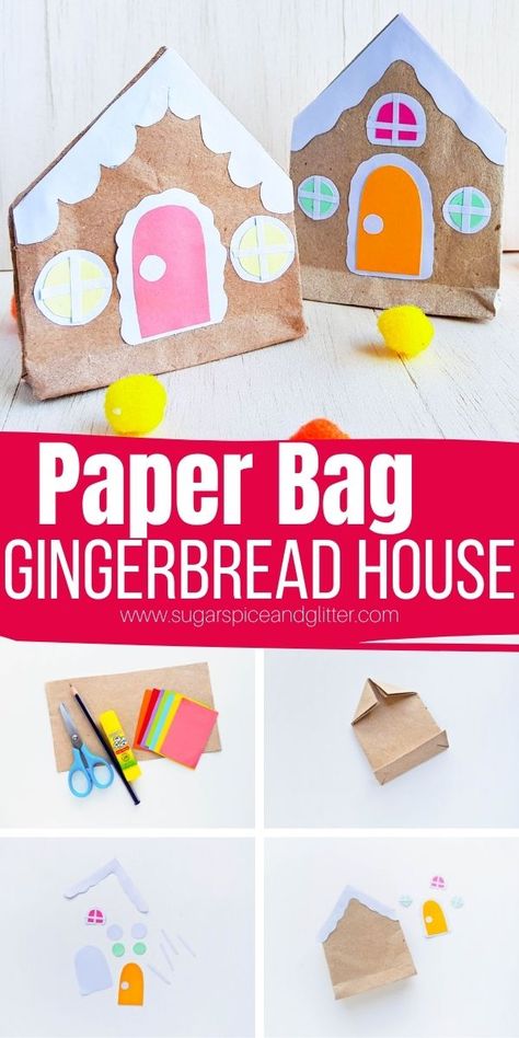 How to make a Paper Bag Gingerbread House craft for kids, using extra brown paper grocery bags or leftover packaging paper. Our free printable gingerbread house template makes decorating these crafts so easy! Gingerbread House Craft For Kids, Paper Bag Gingerbread House, Make A Paper Bag, Gingerbread House Craft, Gingerbread House Template, How To Make A Paper Bag, Paper Grocery Bags, Make A Gingerbread House, House Craft