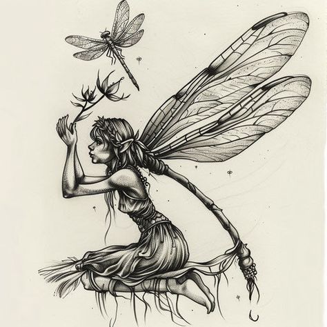 Fairy Tattoo Master Files Line Art Fairy Tattoo, Kneeling Fairy Tattoo, Wizard Tattoo, Art Inspired Tattoos, Moose Pictures, Dragonfly Tattoo Design, Tattoo Master, Fairy Tattoo Designs, Fairy Drawings