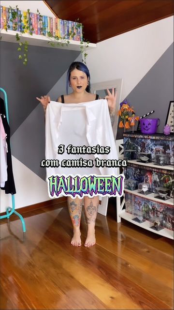 Thaíse Silva on Instagram: "3 ideias fáceis de fantasia usando camisa branca 👻 Halloween rolando e pra quem tá sem ideia de look pra curtir no clima já pega essas dicas 🎃 Qual você mais gostou? Comenta que eu quero saber 🖤 🎃LOOK 1🎃 Camisa @repassabr Calça @lojaelgato Coturno @dubuy.com.br Bandana @shopee_br Acessórios eu tinha muita coisa em casa! 👻Look 2 👻 Camisa @repassabr Calça @lumaplussize Harness @pride_br Bota @repassabr ☠️ Look 3 ☠️ Camisa @repassabr Vestido @lojasrenner Co Fantasias Halloween, October 23, Origami, Home Decor Decals, Halloween, On Instagram, Home Decor, Home Décor