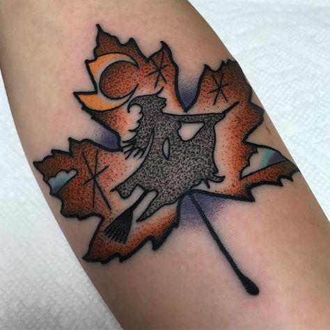 Fall Leaf Tattoo, Fall Leaves Tattoo, Fall Witch, Pumpkin Leaf, Autumn Tattoo, Leaf Tattoo, Birthday Tattoo, Witch Tattoo, Witch Pumpkin