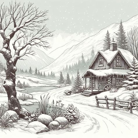 Snowy Scene Drawing, Christmas Landscape Drawing, Winter Drawings Pencil, Winter Drawing Ideas Sketch, Christmas Scenery Drawing, Winter Scenery Drawing, Christmas Sketch Ideas, Winter Landscape Drawing, Snow Window