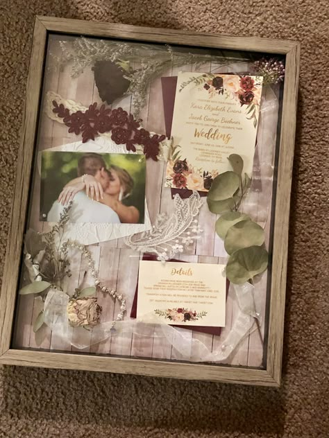 Wedding Day Keepsake Ideas, Wedding Photo Shadow Box Ideas, Wedding Shadowbox Ideas, Diy Wedding Shadow Box Ideas, Shadow Frame Ideas Gifts, Wedding Invitation Display, Wedding Preservation Ideas, Shadow Box Ideas Wedding, Wedding Shadow Boxes