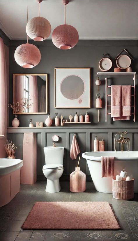 Pink And Grey Ensuite, Pink And Grey Bathroom Ideas, Mauve Bathroom, Pink And Grey Bathroom, Modern Pink Bathroom, Blush Bathroom, Grey Bathroom Ideas, Pink And Black Bathroom, Toilet Ideas