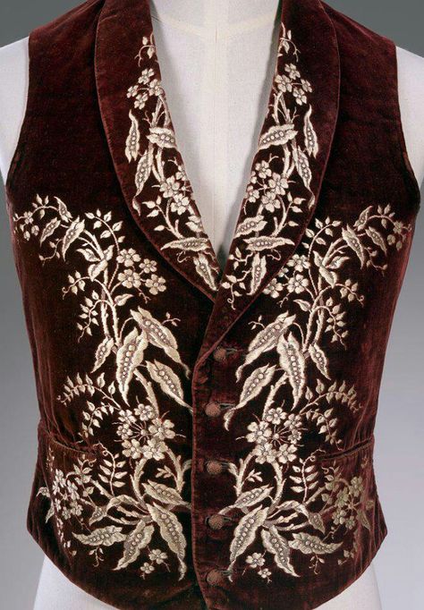 love the chocolate velvet and beautiful embroidery on this mens vest.  I would wear it. 1850s Fashion, Mens Waistcoat, Velvet Vest, Australian Fashion Designers, 19th Century Fashion, Retro Pin Up, Century Clothing, Antique Clothing, Historical Costume