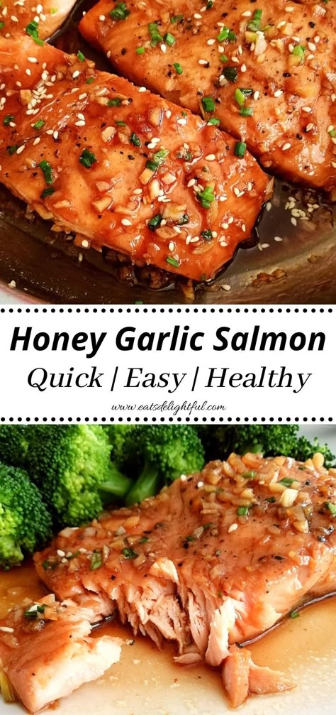 2 stacked images: honey garlic salmon in skillet (top image) and in plate (bottom image) Smoked Salmon Sauce Recipes, Honey Crusted Salmon, Honey Salmon Recipes Stove Top, Salmon Recipes For High Cholesterol, Salmon Recipes To Lower Cholesterol, Honey Ginger Salmon Recipes, Salmon Stovetop How To Cook, Honey Garlic Smoked Salmon, Stove Salmon Recipes