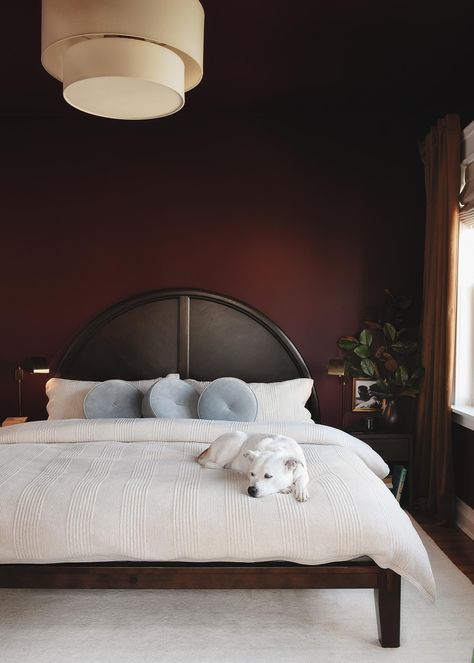 A deep oxblood red takes on a primary bedroom for moody vibes and peaceful evenings. Color is Benjamin Moore Bewitched.  via Yellow Brick Home, moody paint colors, red bedroom, moody bedroom inspo Deep Red Bedroom, Bedroom Moody, Furniture Foam, Red Paint Colors, Yellow Brick Home, Reclaimed Wood Floating Shelves, Diy Wood Shelves, Staining Furniture, Red Bedroom