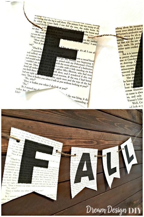 Book Pages Fall Banner - Dream Design DIY Book Paper Decorations, Book Festival Ideas, Diy Book Display, Craft Paper Banner, Paper Banner Diy, Fall Library Displays, Recycled Book Crafts, Fall Library, Book Decorations