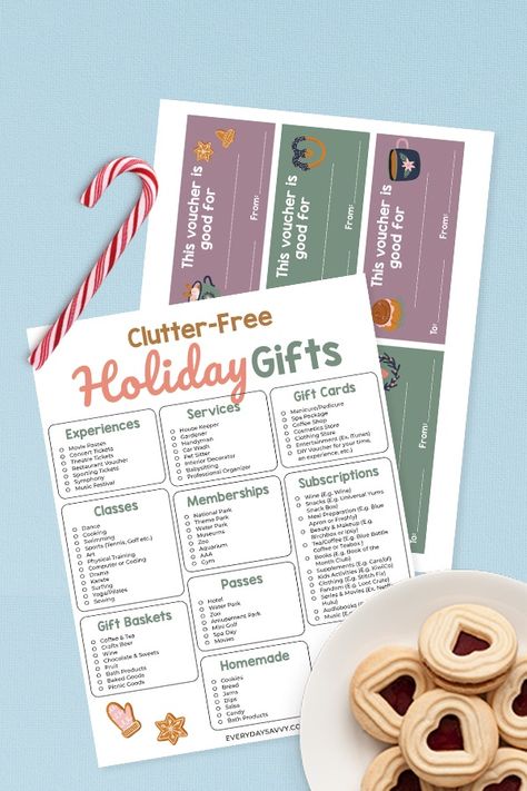 Clutter Free Gift Ideas printable pages Clutter Free Gifts, Minimalist Christmas Gifts, Whole Family Gift Ideas, Coffee Shop Music, Free Gift Ideas, Subscription Box Ideas, Restaurant Vouchers, Free Gift Idea, Free Christmas Gifts