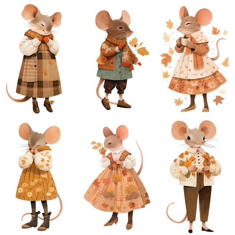 Cute Mice Illustration, Fall Cute Illustration, Autumn Animals Illustration, Vintage Character Illustration, Autumn Character Design, Mouse Illustration Cute, Vintage Autumn Illustration, Cute Autumn Illustration, Fall Cottagecore Outfits