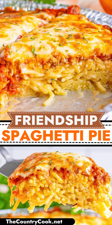 Friendship Spaghetti Pie is a creamy baked spaghetti that is not only yummy but it makes two meals. Make one and share one (or freeze for later!) Spaghetti Pot Pie, Friendship Spaghetti Pie, Baked Spaghetti For Two, Easy Spaghetti Pie, Things To Make With Spaghetti Sauce, Camp Spaghetti, Spaghetti Pie With Ricotta, Spaghetti Casserole Baked, Leftover Spaghetti Ideas