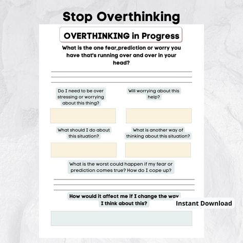 Excited to share this item from my #etsy shop: Printable Journal Prompt|Overthinking in Progress|Stop Overthinking|Self Care|Self Growth|Printable Journal #white #black #stopoverthinking #selfcare #selfgrowth #mentalhealth #psychotherapy #selflove #printablejournal Journal Prompts To Stop Overthinking, Stop Overthinking Worksheet, Journal For Overthinking, Journal Prompts For Overthinking, Journal Worksheets, Health Printables, Healing Circle, Counselling Tools, Counseling Quotes