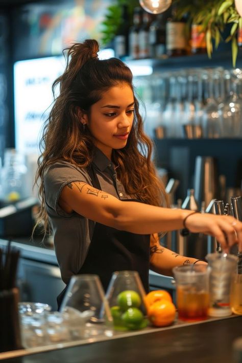 Bartender Aesthetic Girl, Female Bartender Aesthetic, Bartender Portrait, Bartender Outfit Classy, Bar Drinks Aesthetic, Bartenders Photography, Bartender Aesthetic, Mae Aesthetic, Female Bartender