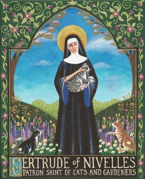 St Gertrude of Nivelles, patron saint of cats and gardens. Gertrude Of Nivelles, Patron Saint Of Cats, Santa Gertrudes, St Gertrude, Weezer, The Saint, Catholic Art, Patron Saints, All About Cats