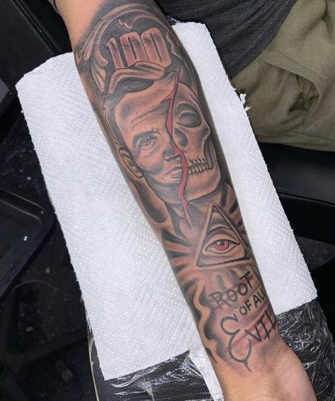 Men’s Four Arm Tattoo, Hood Forearm Tattoo Men, Back Tattoo Sleeve, Fire Tattoo For Men, Root Of All Evil Tattoo, Sleeve Filler Ideas Men Arm Tattoo, Men Forearm Tattoo Ideas, Small Tattoo Back, Quarter Sleeve Tattoo For Men