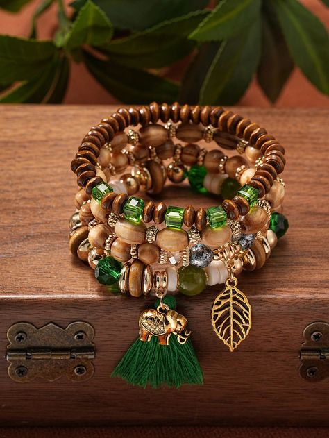 4pcs/Set Bohemian Style Leaf & Elephant Pendant Wood Bead Tassel BraceletsI discovered amazing products on SHEIN.com, come check them out! Wood Bead Tassel, Bracelets Green, Boho Bangle, Earthy Jewelry, Bracelet Sets, Tassel Bracelet, Women Bracelet, Elephant Pendant, Green Wood