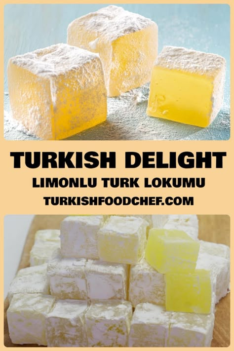 Turkish Delight – The Best Turkish Delight Recipe – Limonlu Lokum **New How To Make Turkish Delight, Lemon Turkish Delight Recipe, Turkish Dessert Recipes, Homemade Turkish Delight, Lokum Recipe, Turkish Delight Recipe, Turkish Recipes Desserts, Turkish Dessert, Turkish Sweets