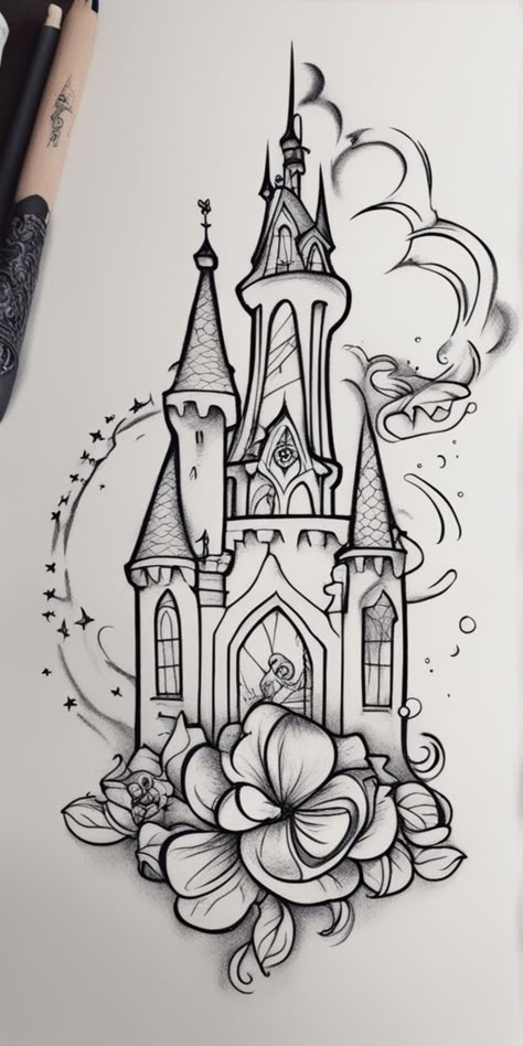 Explore this image brimming with delightful Disney tattoo ideas! It showcases a variety of whimsical designs from classic Disney characters to iconic symbols. A charming way to keep the Disney magic close by at all times! Ideal for any Disney lovers considering inking. Disney Tattoo Drawings Sketch, Neuschwanstein Castle Tattoo, Princess Castle Tattoo, Disney Tattoo Stencil Outline, Big Disney Tattoos, Sleeping Beauty Castle Tattoo, Disney Character Tattoos Ideas, Disney Tattoo Stencils, Disney Floral Tattoo