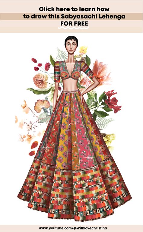 Click here to learn how to digitally draw this Sabyasachi lehenga. Sabyasachi Fashion Illustrations, Lehenga Design Sketch, Lehenga Illustrations, Lehenga Sketches, Lehenga Drawing, Lehenga Illustration, Indian Illustrations, Bridal Illustration, Sabyasachi Lehenga Bridal