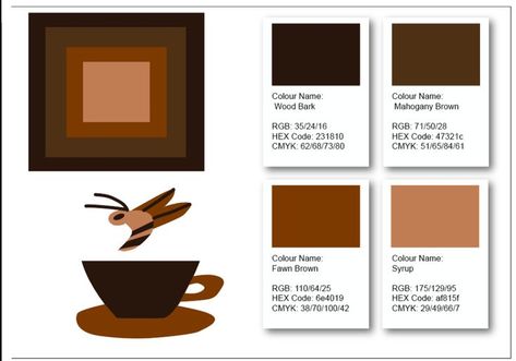 - Starting setting up RGB Values using the Colour Swatch, to write their Hex Codes, RGB Values and CMYK Values. - Testing RGB Values using Complementary Brown Colour Swatch. - I also decided to go with my final Logo Design, Coffee Buzz Logo Design 4. Logo Design Coffee, Wood Bark, Mahogany Brown, Hex Codes, Brown Colour, Design Coffee, Complementary Colors, Color Swatches, Color Names