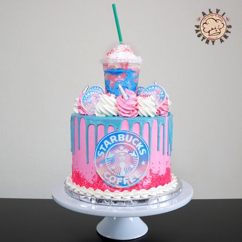 Starbucks Bday Cake, Starbucks Pink Drink Cake, Pink Starbucks Cake, Star Bucks Cake, Starbucks Cake Ideas, Birthday Cakes For 10 Year Girl, Preppy Birthday Cake Ideas, Starbucks Cakes Birthday Ideas, Unicorn Frappuccino Starbucks