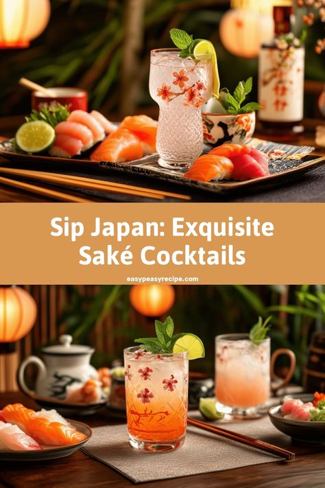 A Japanese-themed setting featuring elegant saké-based cocktails and sushi. Japanese Gin Cocktail, Japanese Cocktails Recipes, Japanese Cocktails, Sake Cocktail, Easy Zucchini Recipes, Cocktail Names, Pot Recipes Healthy, Quick Salads, One Pot Wonders