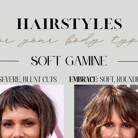 Dora | Image & Style | Color Analysis & Kibbe Body Types on Instagram: "Save this for choosing your best HAIRSTYLE if your Body Typology is SOFT GAMINE 🎀

#hairstyle #softgamine #styleblogger #kibbebodytypes #kibbe #halleberry #biohackyourbeauty" Soft Gamine Hair, Gamine Hair, Soft Gamine Kibbe, Kibbe Body Types, Soft Gamine, Best Hairstyle, Halle Berry, Color Analysis, Body Types