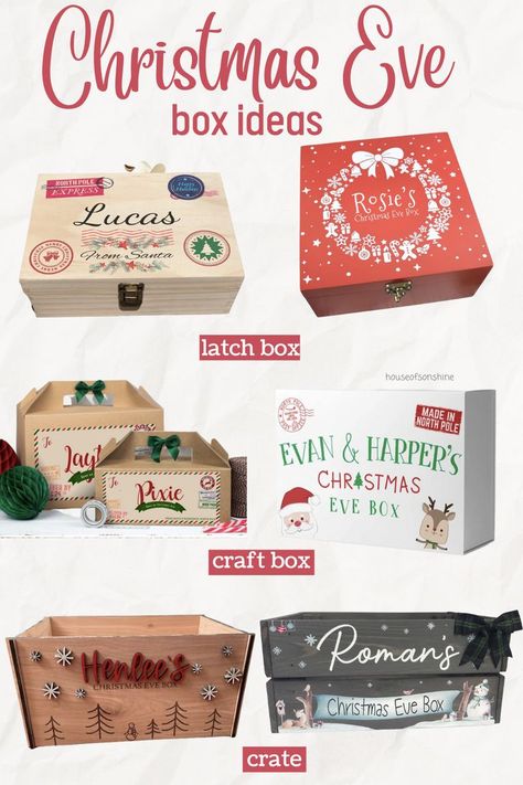 christmas eve box ideas Christmas Eve Box Decoration Ideas, Christmas Eve Wooden Box Ideas, Christmas Box Ideas Decoration, Diy Christmas Eve Box For Kids, Christmas Eve Box Designs Diy, Diy Christmas Eve Box Ideas, Christmas Eve Box Designs, Christmas Box Ideas, Cricut 2023