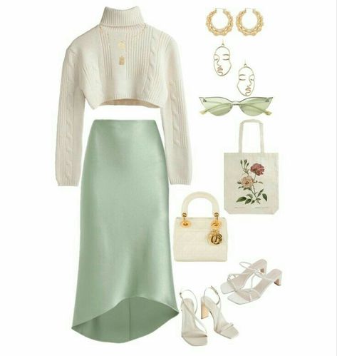 Gold Stacked Necklaces, Date Night Outfits, Silk Midi Skirt, Green Sunglasses, Stacked Necklaces, Mode Casual, Modest Fashion Outfits, White Sweater, Green Silk