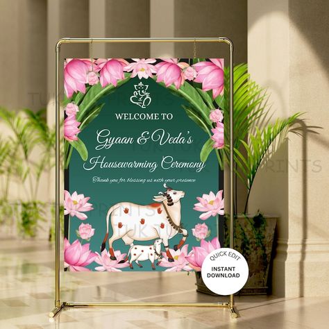 Pichwai Indian housewarming sign, Gruhapravesha Sign, Griha Pravesha Welcome Sign Indian Housewarming, Housewarming Sign, Ganesh Puja, Diy Floral Decor, House Warming Ceremony, Housewarming Decorations, House Warming Invitations, Welcome Boards, Welcome Banner