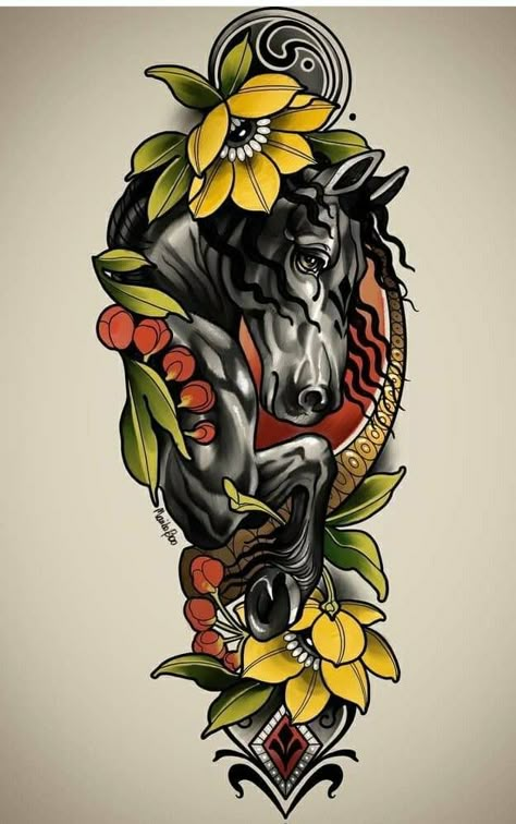 Colored Neo Traditional Tattoo, Neo Trad Horse Tattoo, Neotraditional Horse Tattoo, Neo Traditional Horse Tattoo, Neo Trad Animal Tattoo, Neo Traditional Art Sketches, New School Animal Tattoo, Chest Tattoo Traditional, Neotraditional Tattoo Sketch