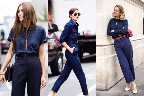 What Colors Go With Navy Blue Clothes? All Navy Work Outfit, Blue Black Outfits For Women, Navy Blue Satin Pants Outfit, Dark Blue Pants Work Outfit Women, Navy Blue Silk Top Outfit, Navy Color Outfit, Women’s Navy Pants Outfit, Navy Blue Sailor Pants Outfit, Navy Blue Style Womens Fashion