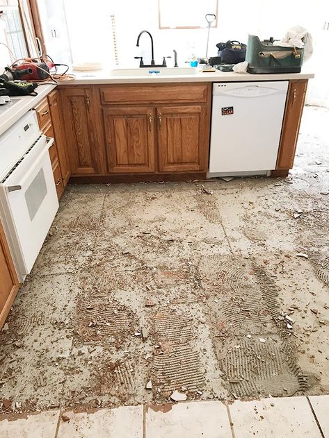 How to Remove Tile Floors | The Harper House How To Remove Ceramic Tile Floors, Tile Floor Removal, Remove Tile Floor, How To Remove Tile Flooring, Removing Tile Floor, How To Remove Tile Floor, Removing Ceramic Tile Floor, Vinyl Tile Flooring Kitchen, Vinyl Flooring Kitchen